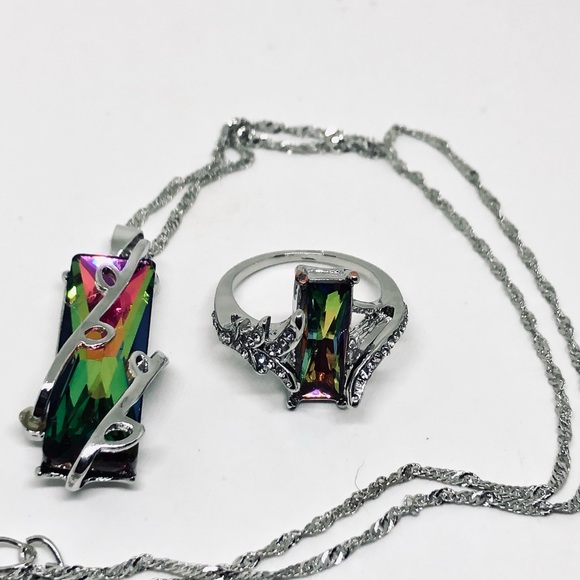 Silver Plated Mystic Topaz Ring And Necklace Set - Picture 5 of 12